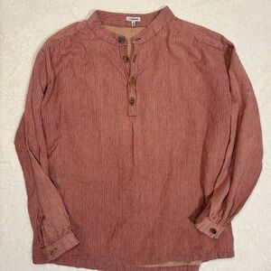 Vintage J. Peterman Striped Linen Henley Band Collar Grandad Shirt Size XL